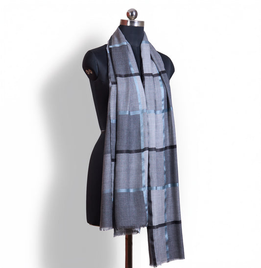 Grey Check Fine Wool Blend Scarf for Men | Charcoal Windowpane Stole - Vliving
