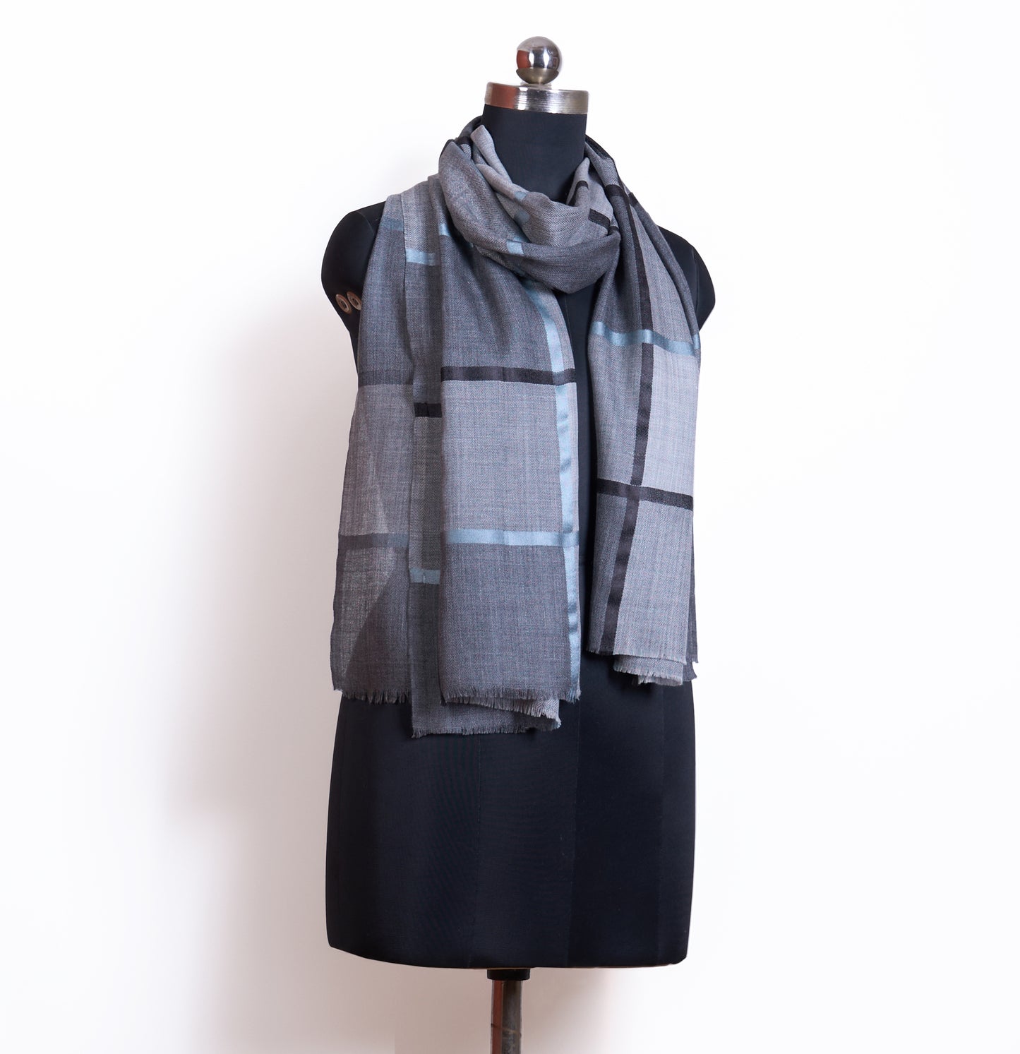 Grey Check Fine Wool Blend Scarf for Men | Charcoal Windowpane Stole - Vliving