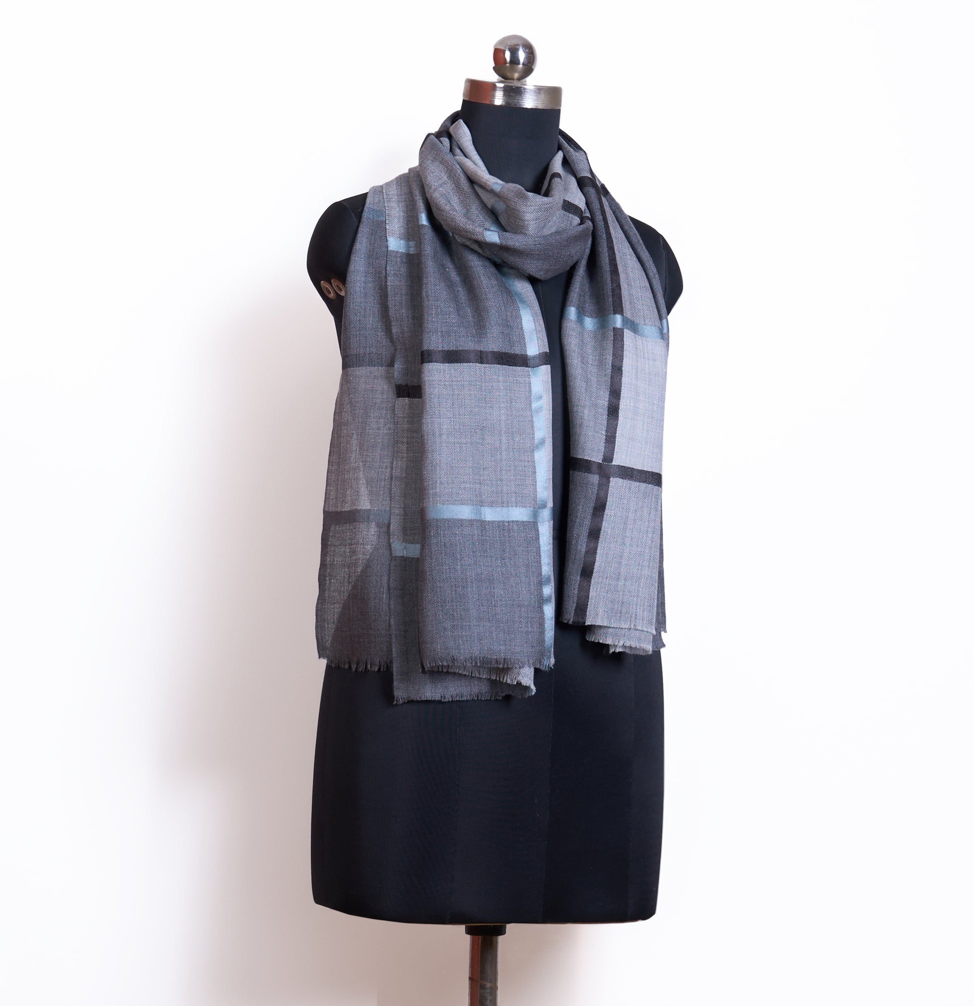 Grey Check Fine Wool Blend Scarf for Men | Charcoal Windowpane Stole - Vliving