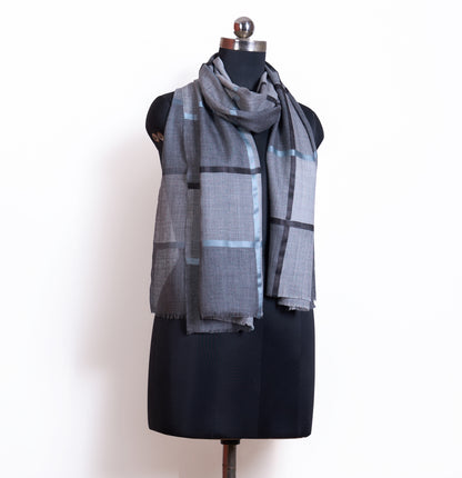 Grey Check Fine Wool Blend Scarf for Men | Charcoal Windowpane Stole - Vliving