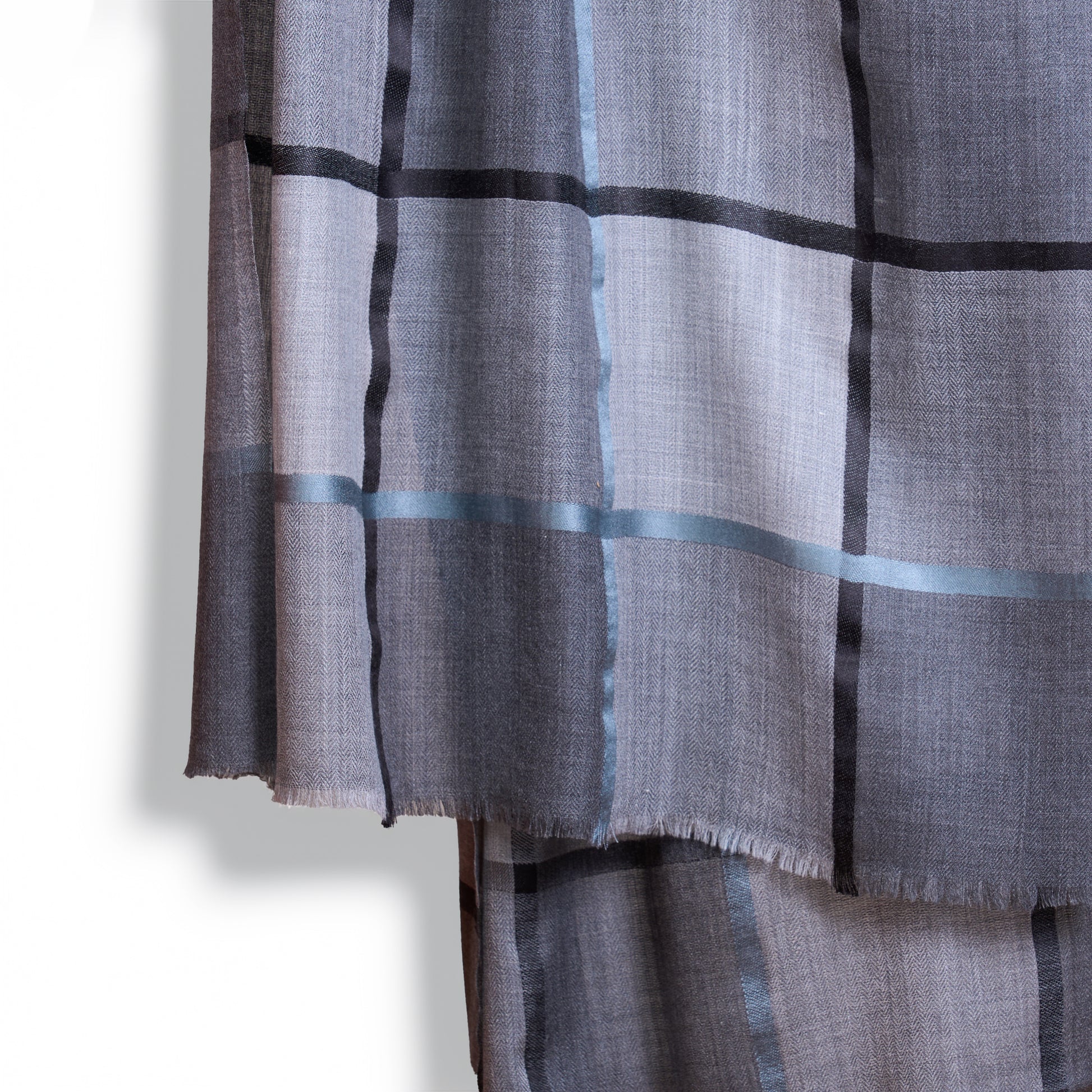 Grey Check Fine Wool Blend Scarf for Men | Charcoal Windowpane Stole - Vliving