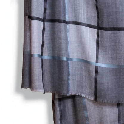 Grey Check Fine Wool Blend Scarf for Men | Charcoal Windowpane Stole - Vliving