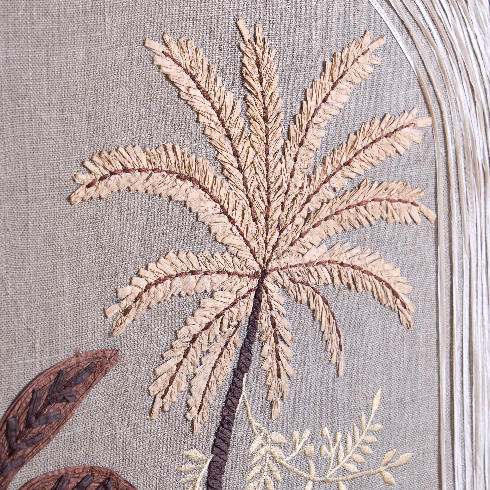 Raffia Embroidered Palm theme Wall Art on Natural Linen | Unframed or Framed | 20X26 inches - Vliving