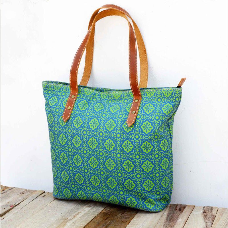 Tote bag, Turquoise laminated cotton large shopping bag