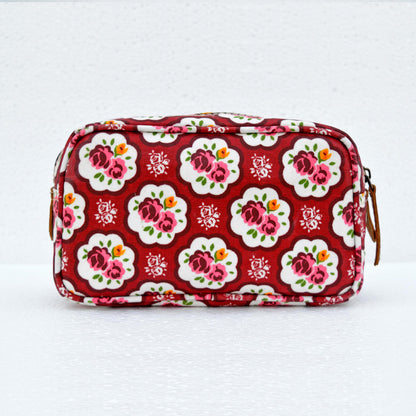 Red toiletry bag, rose print, shabby chic, laminated bag, make up or cosmetic handbag, utility pouch