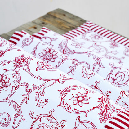 Red runner, swirl print, red stripe border, cotton table runner