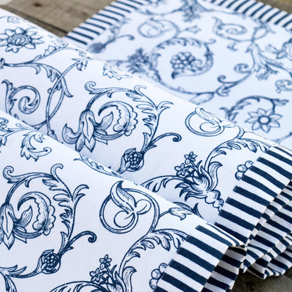 Blue runner, swirl print, blue stripe border, cotton table runner, victorian pattern, sizes available