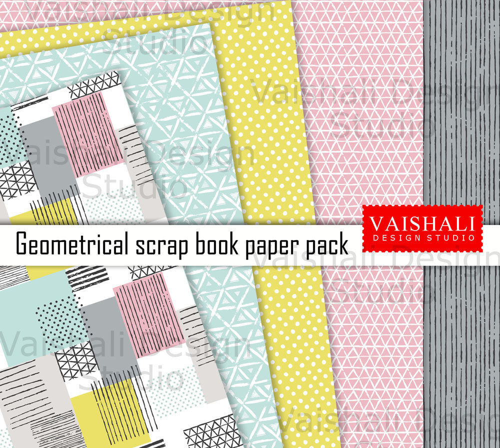 Abstract geometrical pattern, Digital print pack, pastel shades, 5 sheets