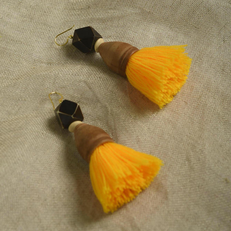 Yellow, Bohemian earring, tassel earrings, tribal jewelry, boho earrings, threader earring, with wood cone and wood bead