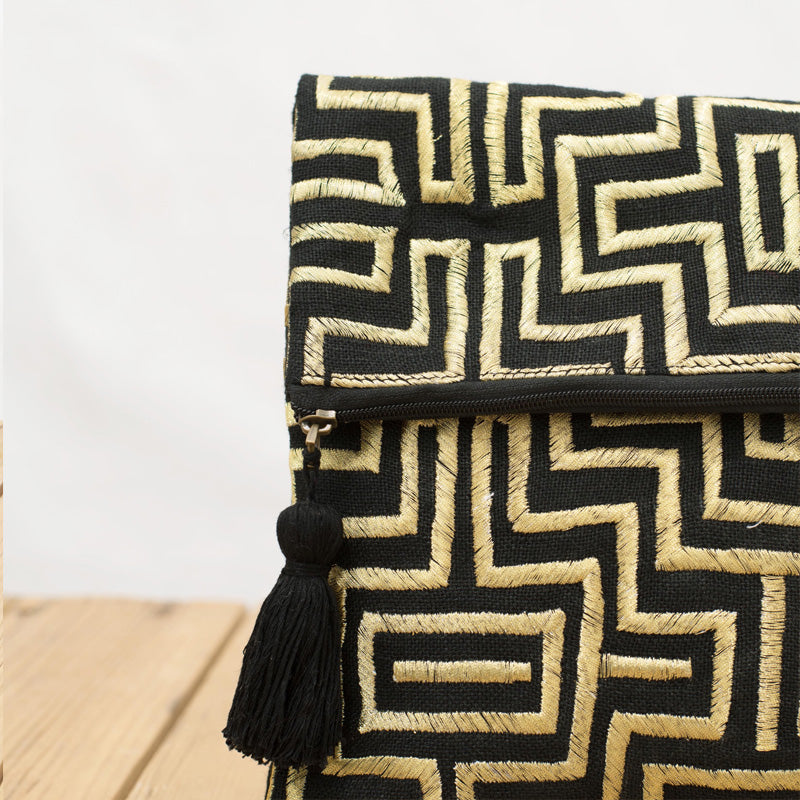 Mola - Black and gold embroidered foldover clutch