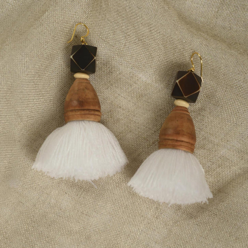 White, Bohemian earring, tassel earrings, tribal jewelry, boho earrings, threader earring, with wood cone and wood bead