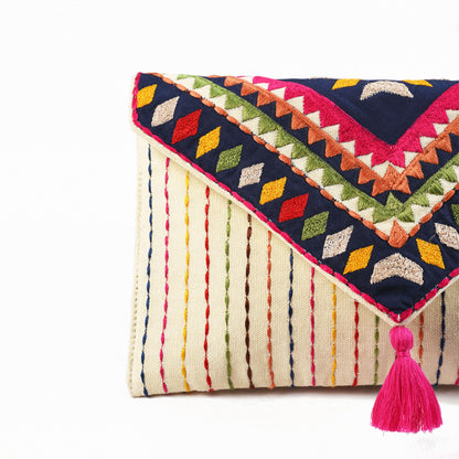 Tribal pouch, envelope clutch, off white colour handbag, foldover clutch, bohemian bag.