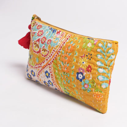 Yellow pouch, zipper purse, make up or cosmetic bag, utility pouch, kantha handbag