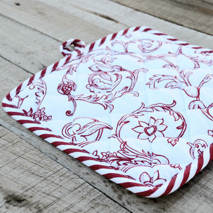 Pot holder, red swirl print on white, victorian pattern