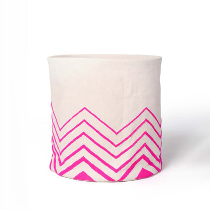 Storage basket, embroidered, bright pink acrylic wool on canvas fabric, laundry hamper, fabric bucket, sizes available