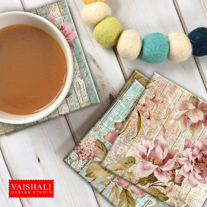 Vintage floral with wooden plank texture &amp; script, printable coasters, set of 4 designs, 3.8"X3.8"