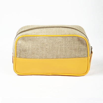 Toiletry bag, makeup handbag, yellow, linen, faux leather, cosmetic bag