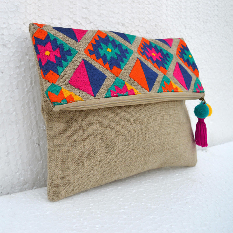 Boho pouch, linen bag, kilim pattern, moroccan, foldover clutch, embroidered, 10X8 inches