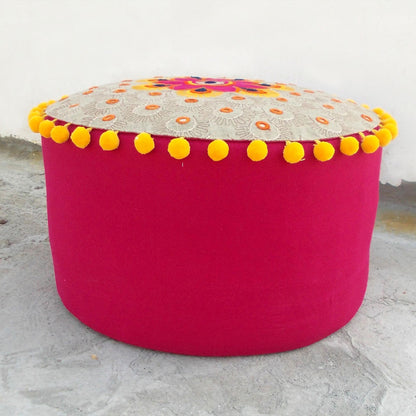 Pouf cover, linen, cotton, multicolor embroidery, tribal, bohemian, ottoman cover, pompoms, Indian craft, 22X12 inches