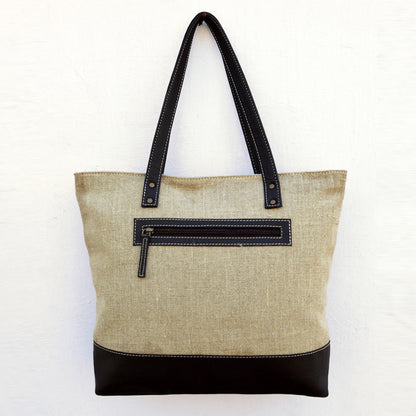 Tote bag, natural linen with brown faux leather, classic everyday bag