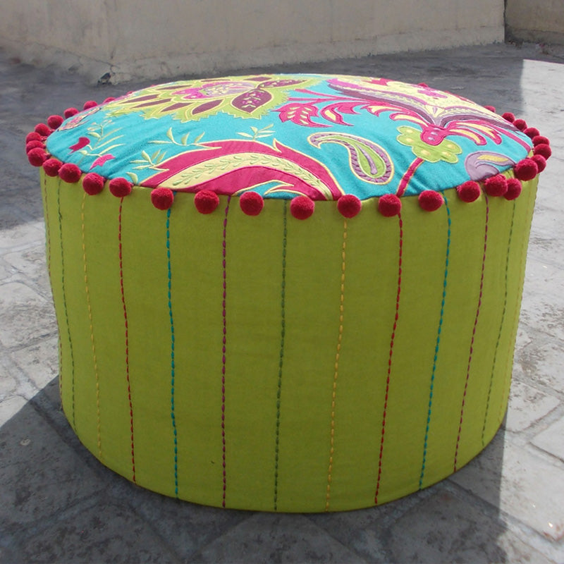 Stylized floral - Embroidered Turquoise pouf cover