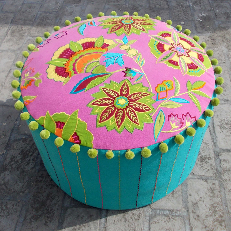 Stylized floral - Embroidered bright pink pouf cover