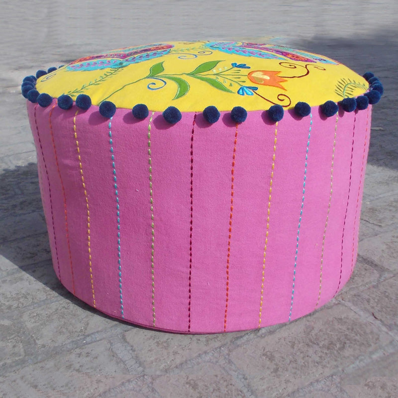 Stylized floral - embroidered yellow pouf cover