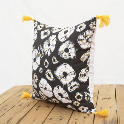 Shibori diamond pillow cover, grey print,bright yellow tassels cushion cover