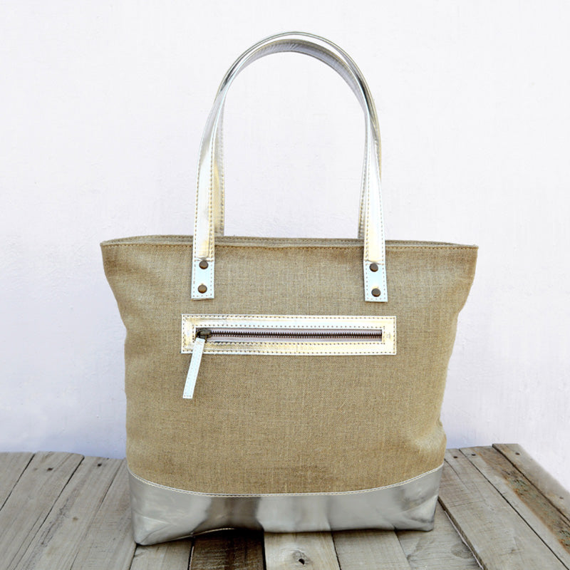 Tote bag, natural linen with silver faux leather, classic everyday bag.