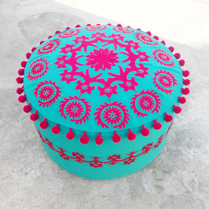 Suzani - Turquoise Pouf cover, embroidered bohemian ottoman cover with pompoms, 22X12 inches
