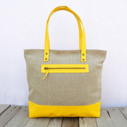 Tote bag, natural linen with yellow faux leather, classic everyday bag