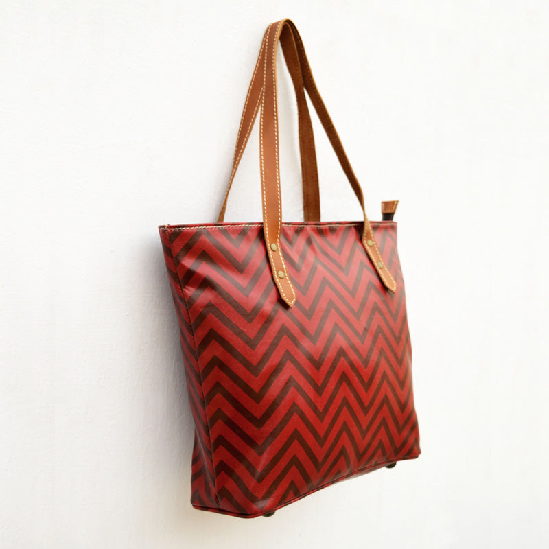 Red Tote bag, laminated cotton, chevron print, sheen finish, leather handles