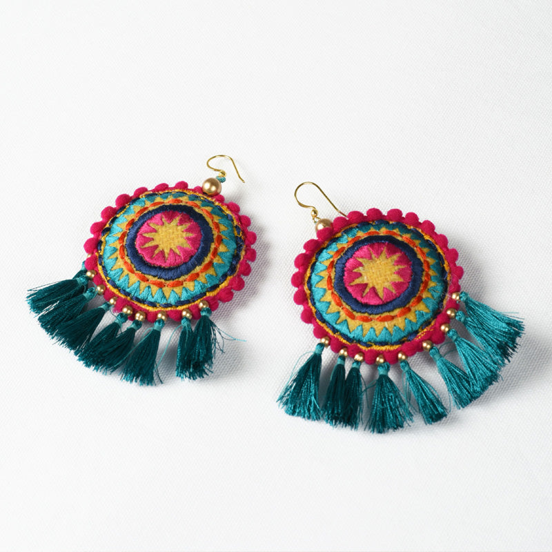 Mandala earring, turquoise tassel, multicolour, Boho jewelry, threader earrings, tribal earrings