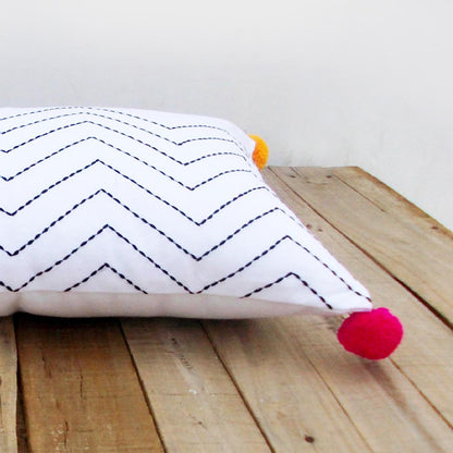 Chevron white pillow, zig zag embroidery, geometrical pattern, cotton pillow cover