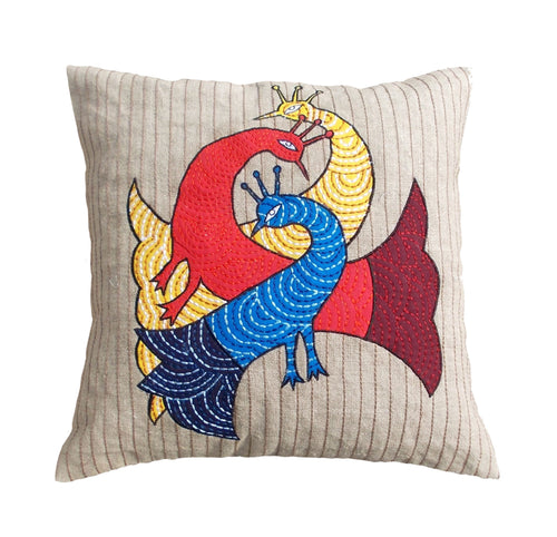 Gondal Art Peacock Motif Appliqué Linen Cushion Cover