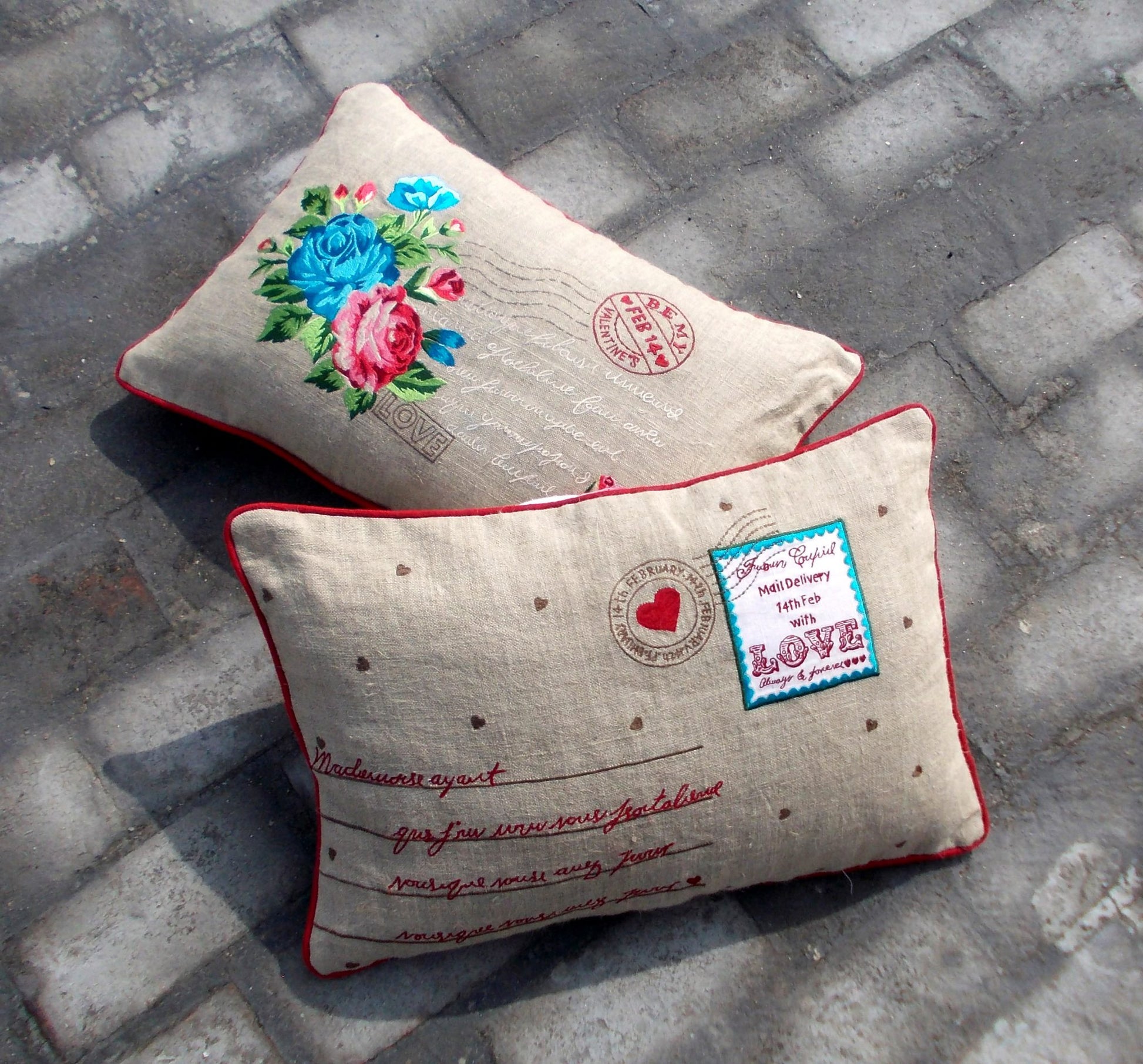 Valentine pillow cover, linen with red and turquoise combination, postcard style