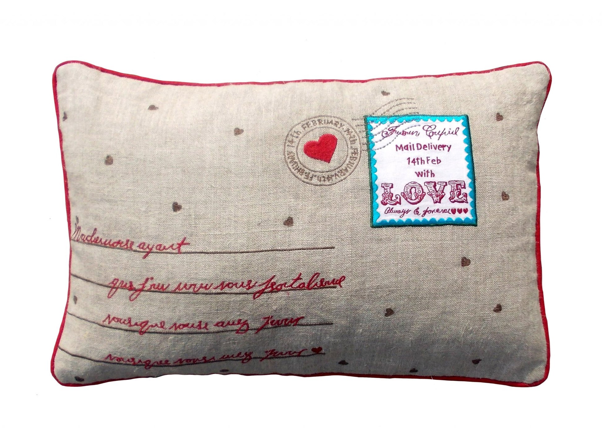 Valentine pillow cover, linen with red and turquoise combination, postcard style