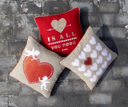 Valentine pillow cover, heart motif, red and linen combination