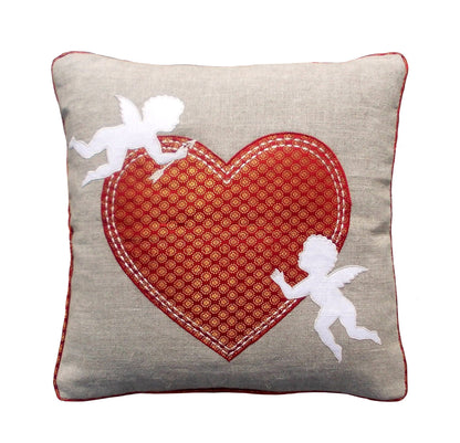 Valentine pillow cover, heart motif, linen with brocade combination,cupid motifs