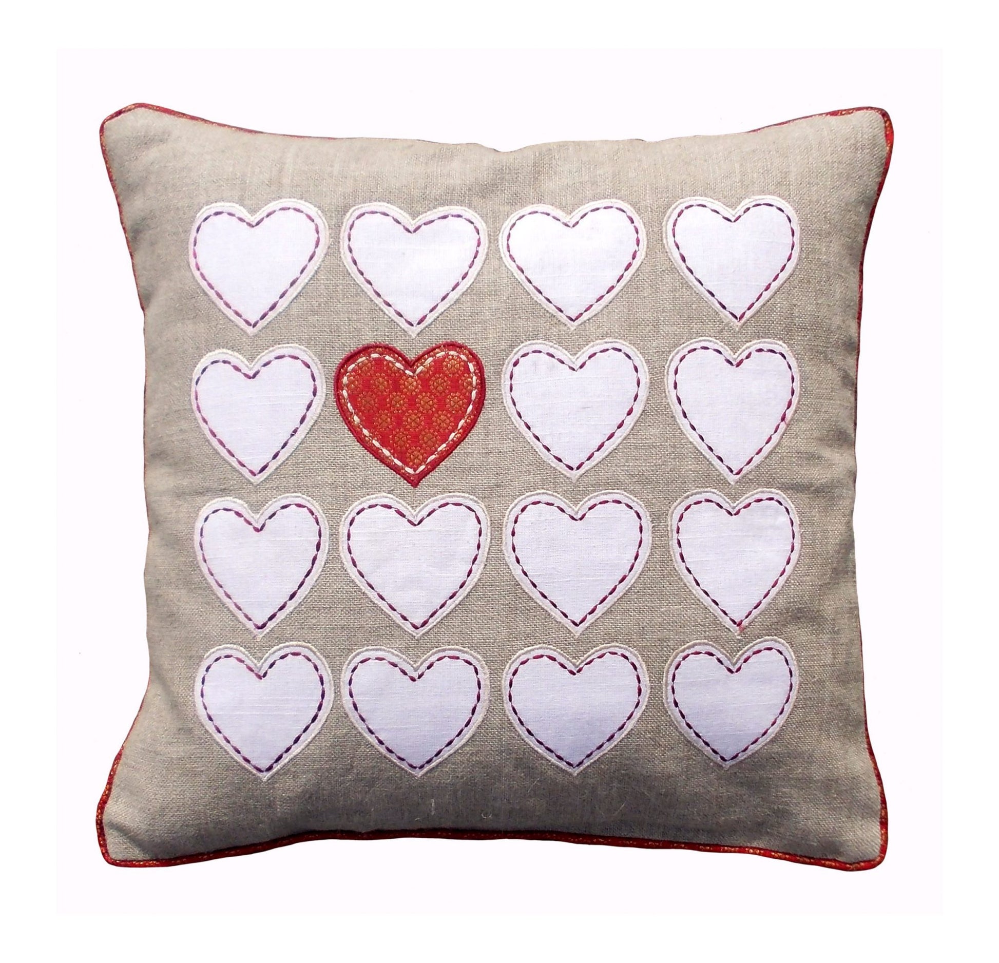 Valentine pillow cover, heart motif, linen with brocade combination