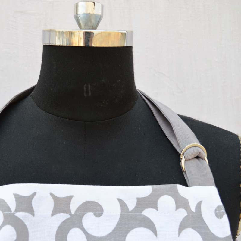 Christmas apron, moroccan print, grey and white
