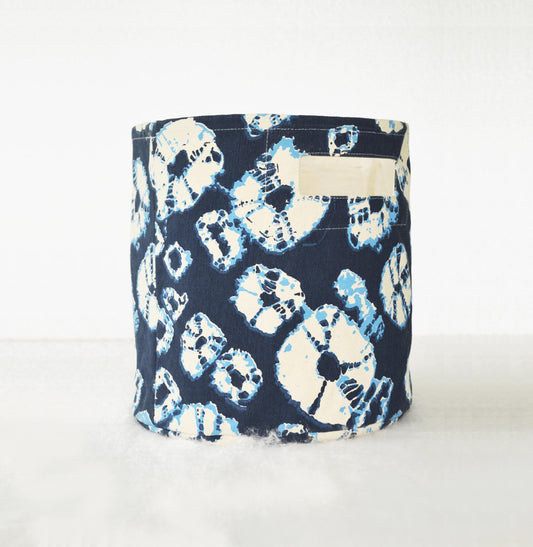 Canvas basket, shibori print, diamond pattern, blue and off white, storage basket, fabric bin, sizes available