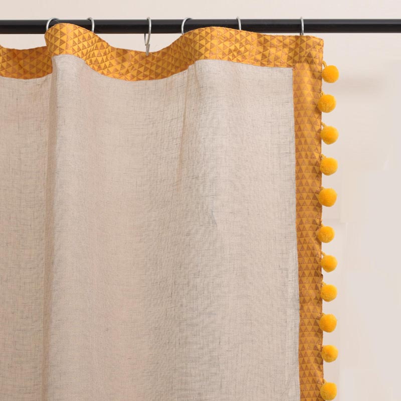 Linen curtain Panel, yellow brocade border, pompom lace, sizes available