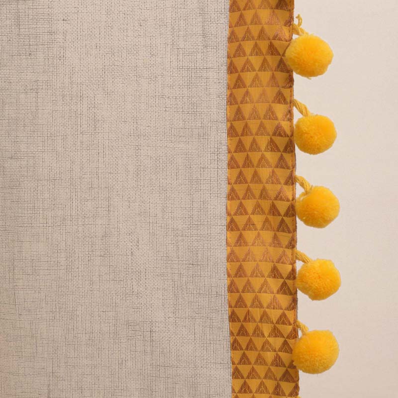 Linen curtain Panel, yellow brocade border, pompom lace, sizes available