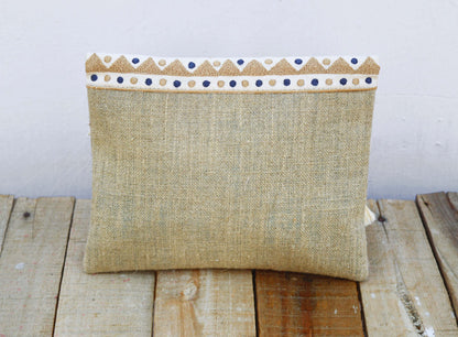 Boho pouch, moroccan, natural colour linen bag, foldover clutch, embroidered, 10X8 inches