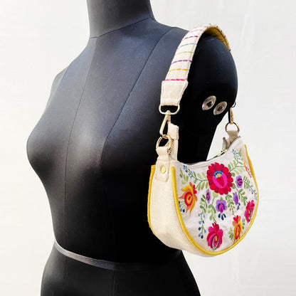 MATYO Small half moon crescent purse, off white Slub cotton with multicoloured embroidery