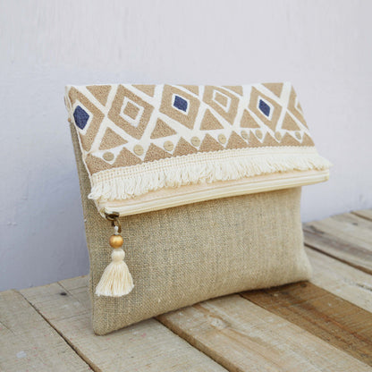 Boho pouch, moroccan, natural color linen bag, foldover embroidered clutch
