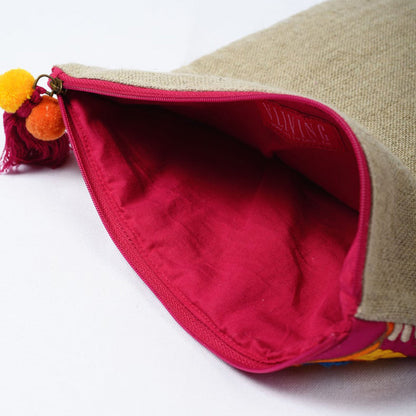 Foldover clutch, linen fabric handbag, embroidery, applique, boho bag