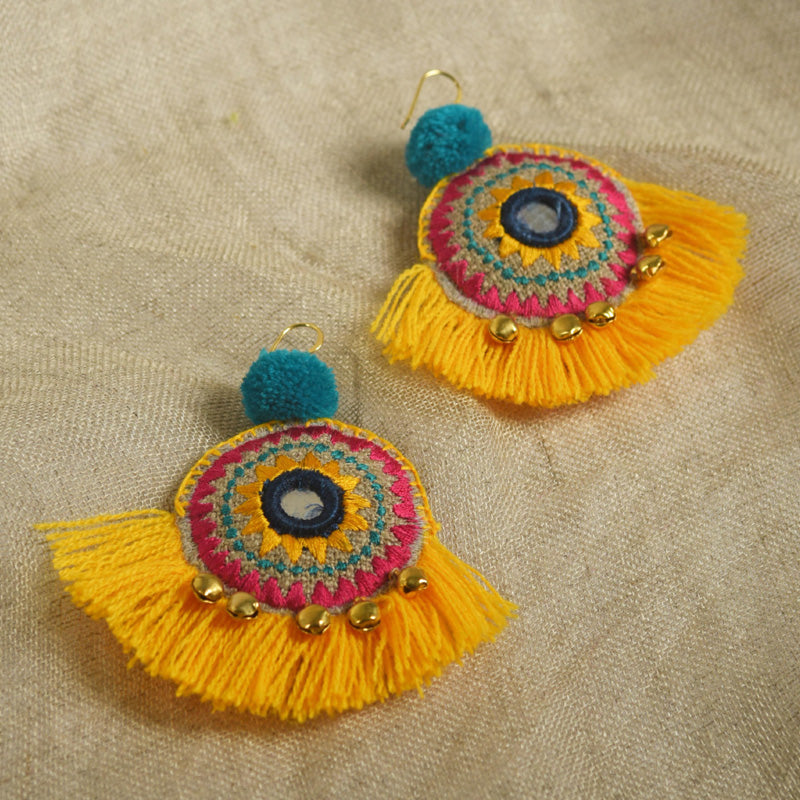 Fringe earrings, Mandala jewelry, yellow fringe, multicolour, Boho jewelry
