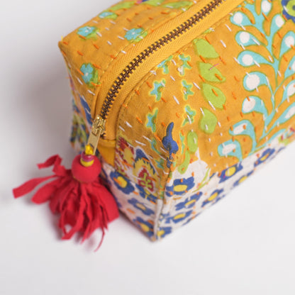 Yellow toiletry bag, kantha pouch, make up or cosmetic handbag, utility pouch